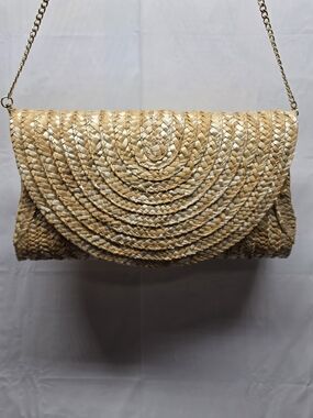 BC BAGS Straw Woven Gold Chain Clutch Crossbody Bag